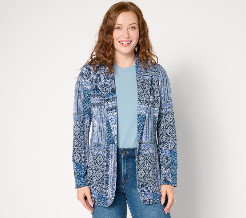Susan Graver Petite Print or Solid LK Fusion Revere Collar Blazer — Main view