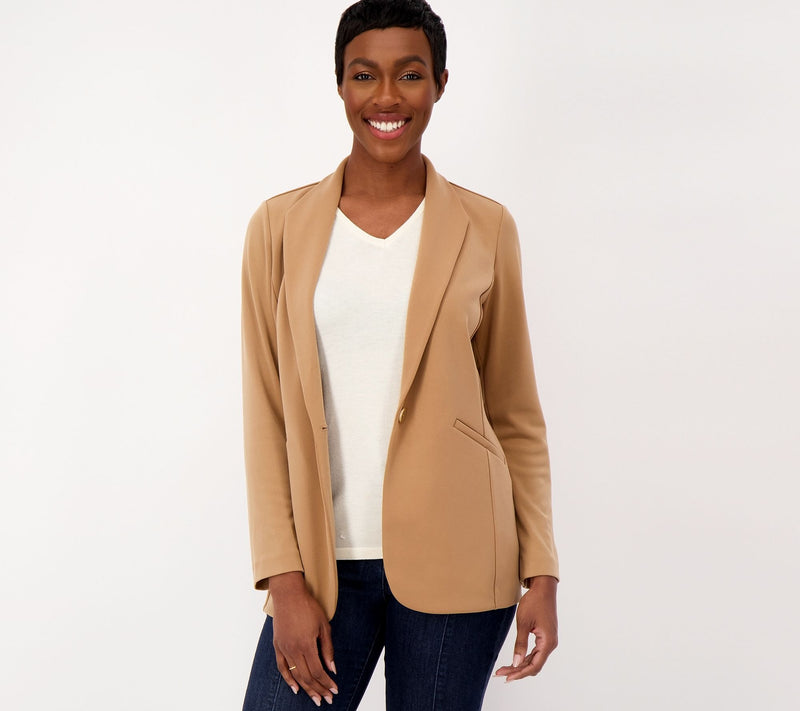 Susan Graver Petite Print or Solid LK Fusion Revere Collar Blazer — View 5