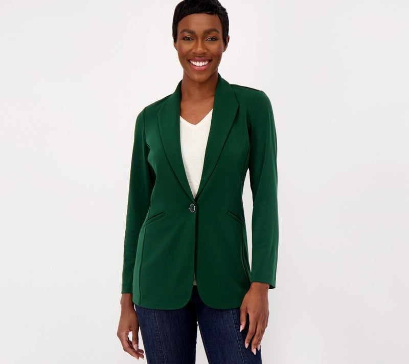 Susan Graver Petite Print or Solid LK Fusion Revere Collar Blazer — View 3