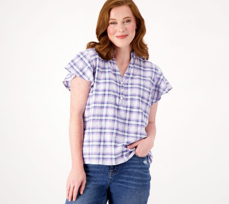 Candace Cameron Bure Plaid Flutter- Sleeve Blouse w/Ruffle Collar — View 11