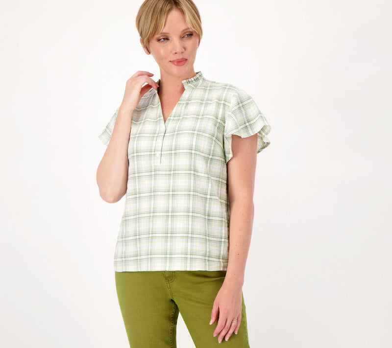Candace Cameron Bure Plaid Flutter- Sleeve Blouse w/Ruffle Collar — Main view