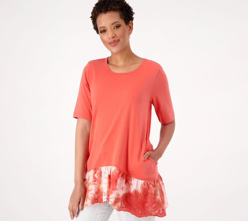 LOGO by Lori Goldstein Cotton Modal Top With Tie - Dye Eyelet Hem — View 7