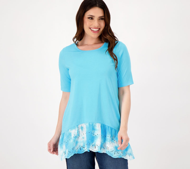 LOGO by Lori Goldstein Cotton Modal Top With Tie - Dye Eyelet Hem — View 5
