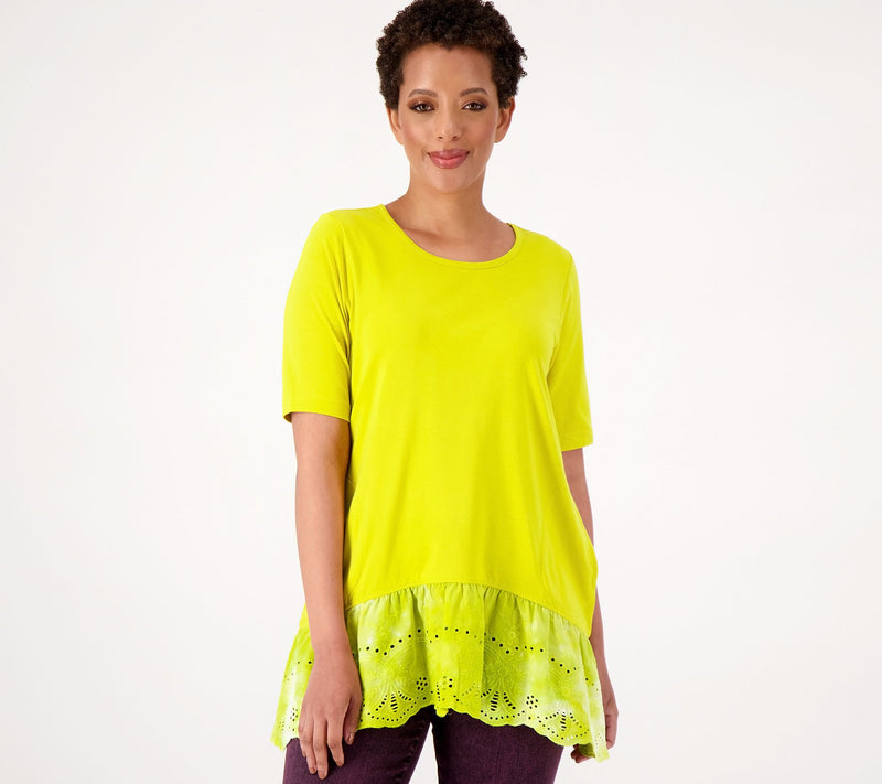 LOGO by Lori Goldstein Cotton Modal Top With Tie - Dye Eyelet Hem — View 12