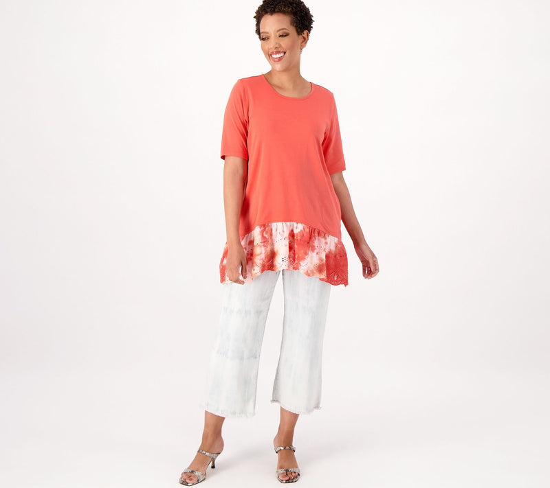 LOGO by Lori Goldstein Cotton Modal Top With Tie - Dye Eyelet Hem — View 9