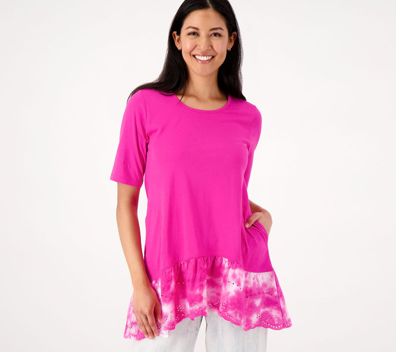 LOGO by Lori Goldstein Cotton Modal Top With Tie - Dye Eyelet Hem — View 4