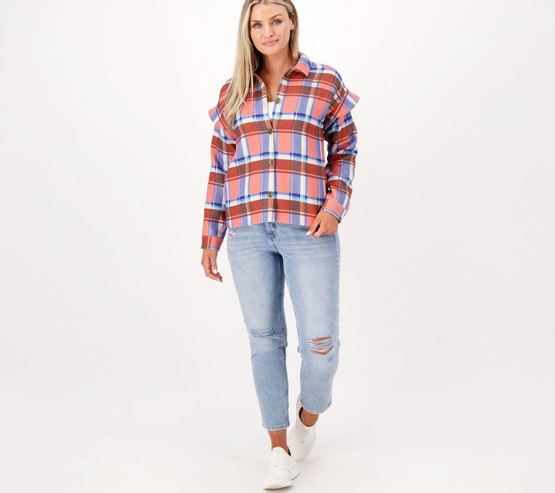 Candace Cameron Bure Ruffle Sleeve Shirt Jacket — View 3