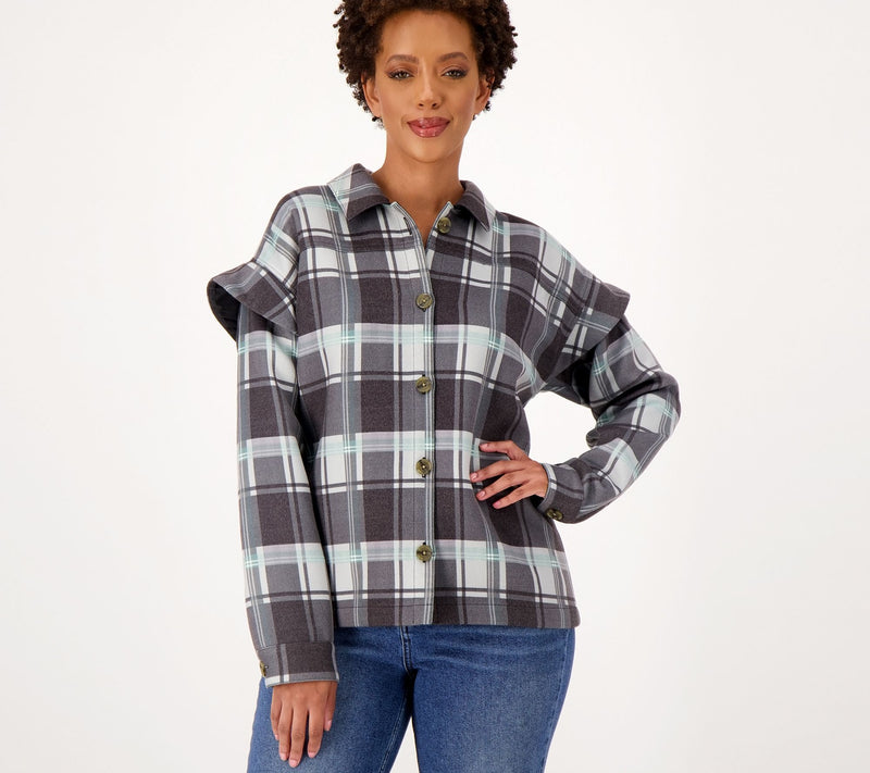 Candace Cameron Bure Ruffle Sleeve Shirt Jacket — View 8
