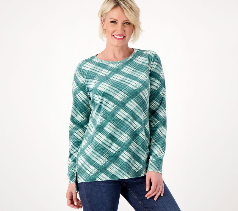 Denim & Co. Petite Printed Velour Pullover with Hi-Low Hem — Main view