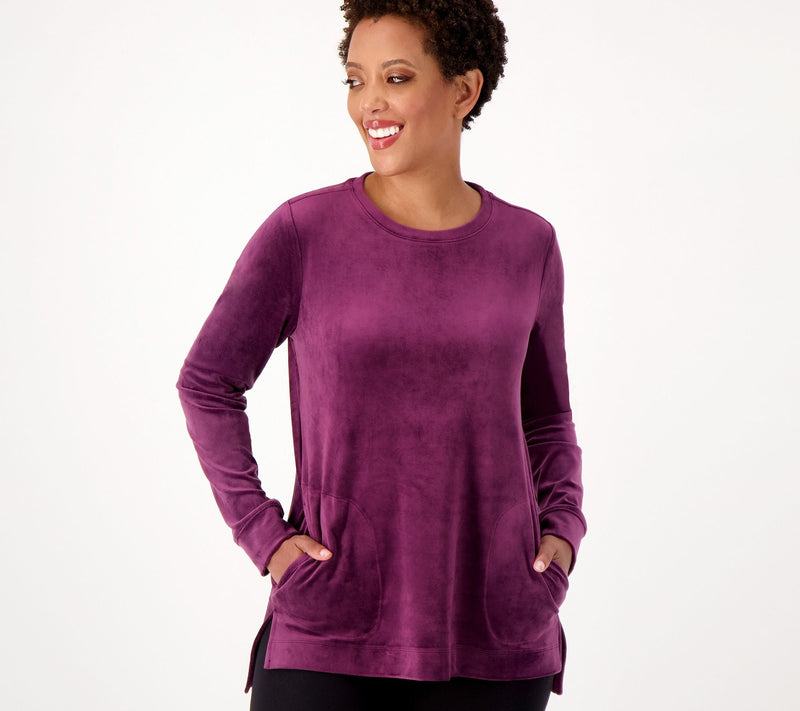 Denim & Co. Petite Printed Velour Pullover with Hi-Low Hem — View 5