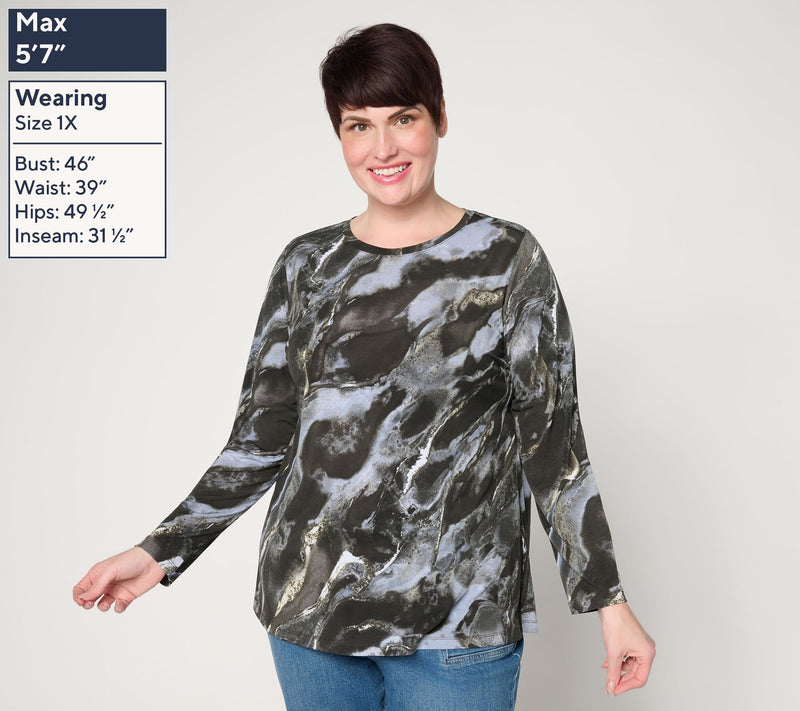 Susan Graver Printed Liquid Knit Long Sleeve Crew Neck Top — View 2