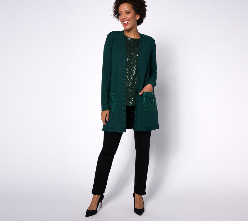 Jingle Belles by Kim Gravel Sequin Pocket Brushed Knit Duster Cardigan — View 6
