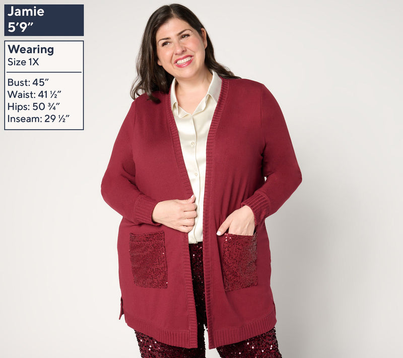 Jingle Belles by Kim Gravel Sequin Pocket Brushed Knit Duster Cardigan — View 4