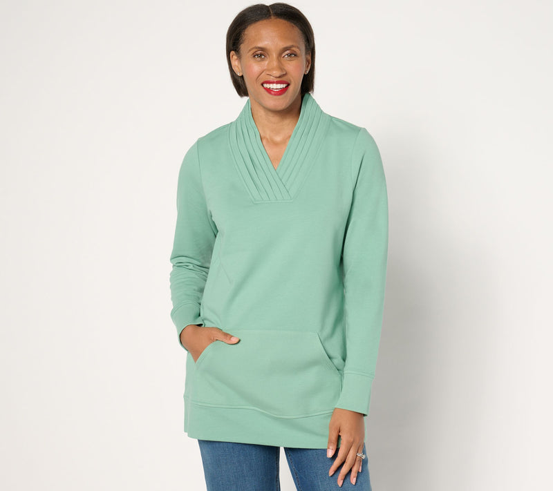 Denim & Co. Active Petite French Terry Pleated V-Neck Tunic — View 11