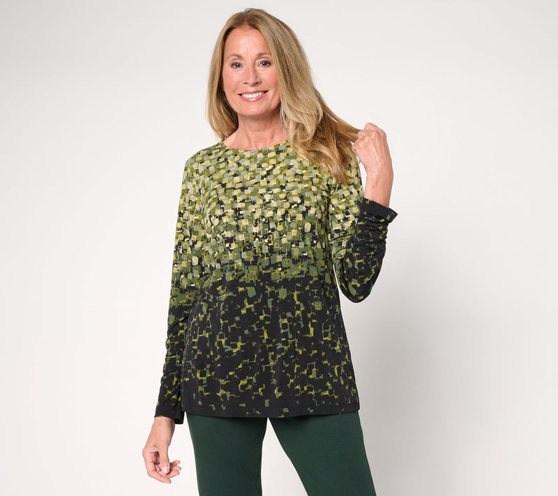 Susan Graver Foil Printed Liquid Knit Long Sleeve Crew Neck Top — View 17