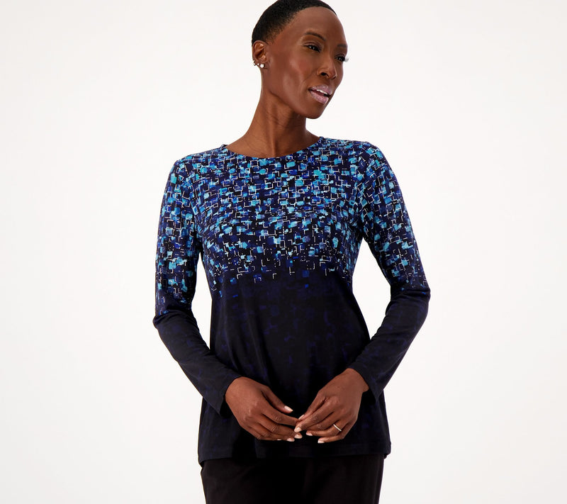 Susan Graver Foil Printed Liquid Knit Long Sleeve Crew Neck Top — View 18