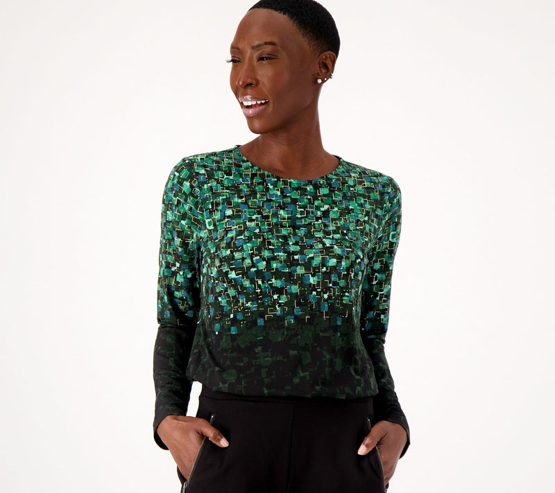 Susan Graver Foil Printed Liquid Knit Long Sleeve Crew Neck Top — View 20