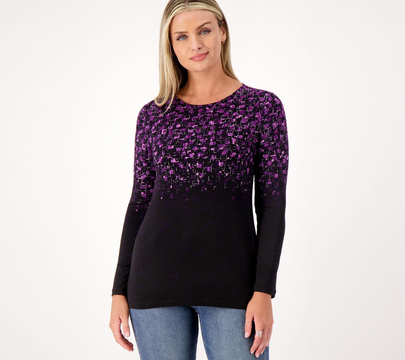 Susan Graver Foil Printed Liquid Knit Long Sleeve Crew Neck Top — View 23