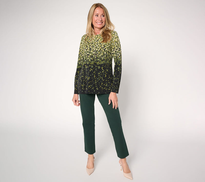 Susan Graver Foil Printed Liquid Knit Long Sleeve Crew Neck Top — View 6