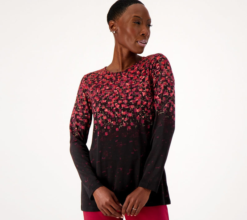 Susan Graver Foil Printed Liquid Knit Long Sleeve Crew Neck Top — View 24
