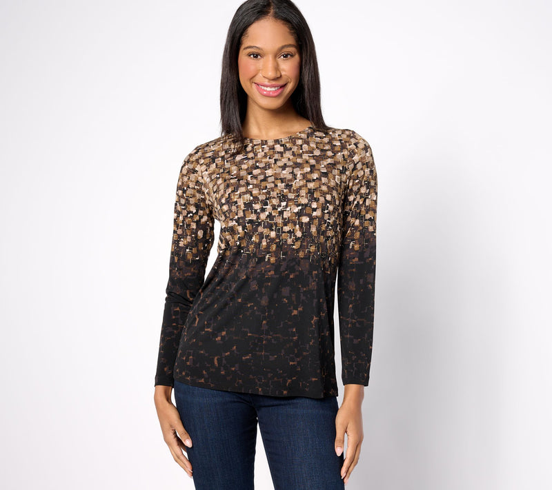 Susan Graver Foil Printed Liquid Knit Long Sleeve Crew Neck Top — View 26