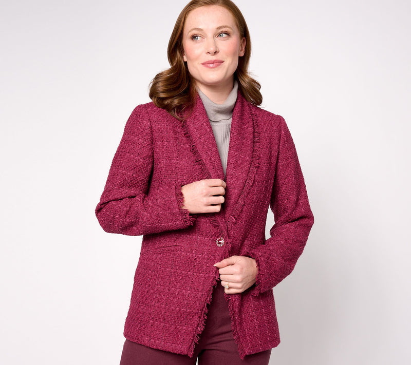 GRAVER Susan Graver Petite Tweed Blazer w/Fray Detail — View 13