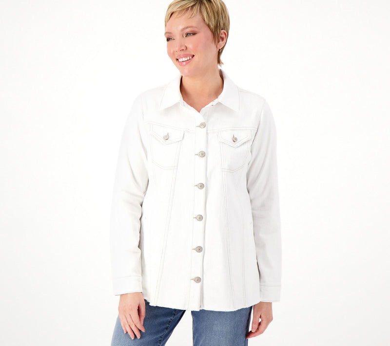 LOGO by Lori Goldstein Denim Jacket with Frayed Hem — View 2