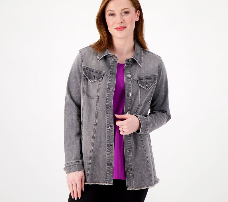 LOGO by Lori Goldstein Denim Jacket with Frayed Hem — View 19