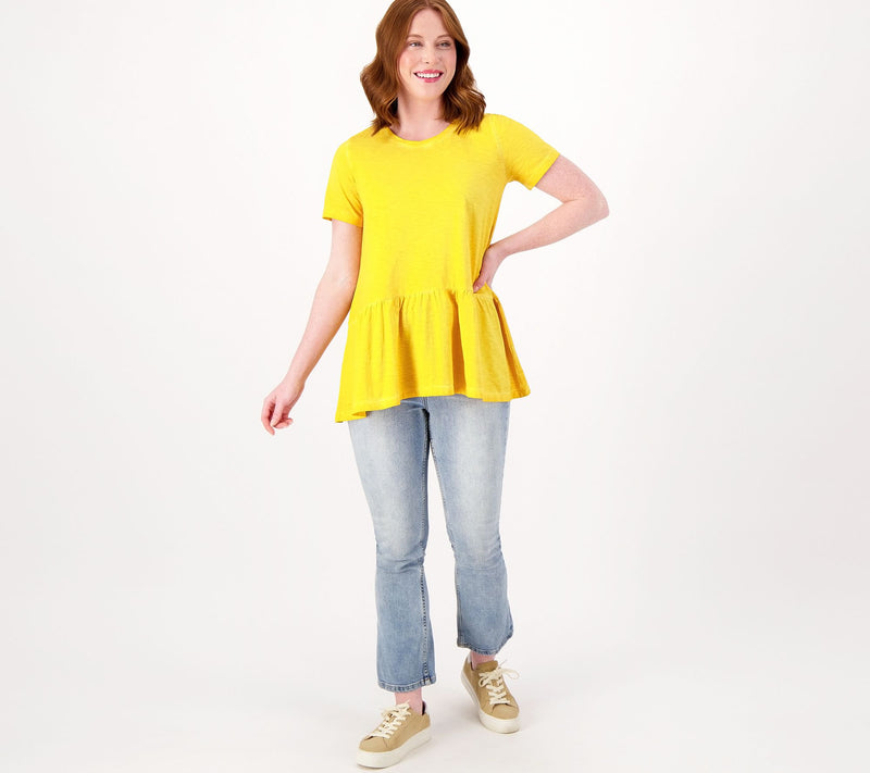 LOGO by Lori Goldstein Distressed Cotton Slub Peplum Top — View 5