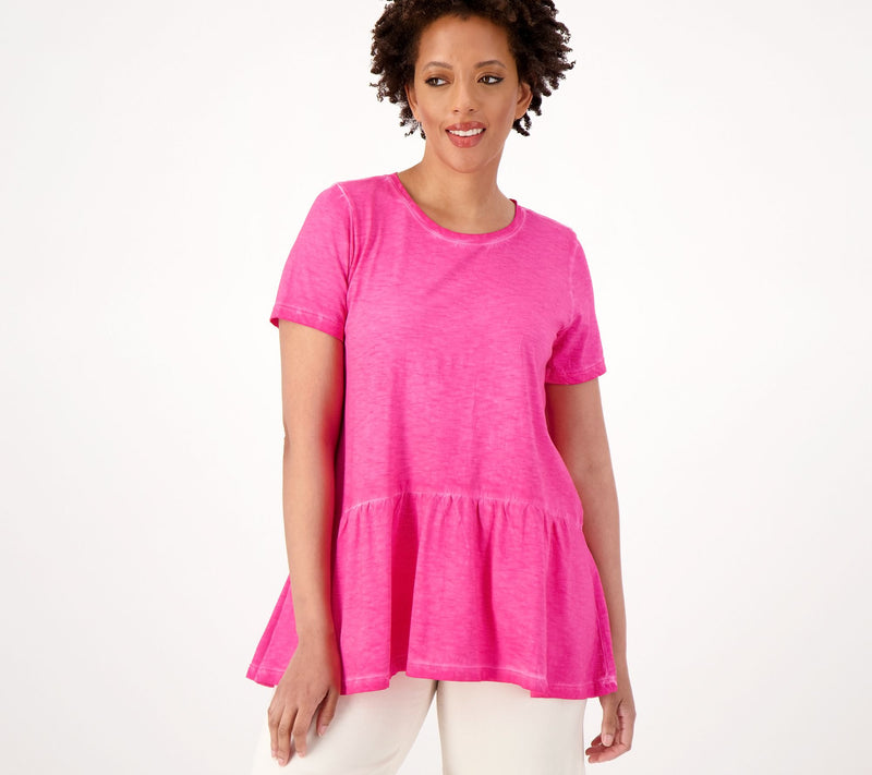 LOGO by Lori Goldstein Distressed Cotton Slub Peplum Top — View 11