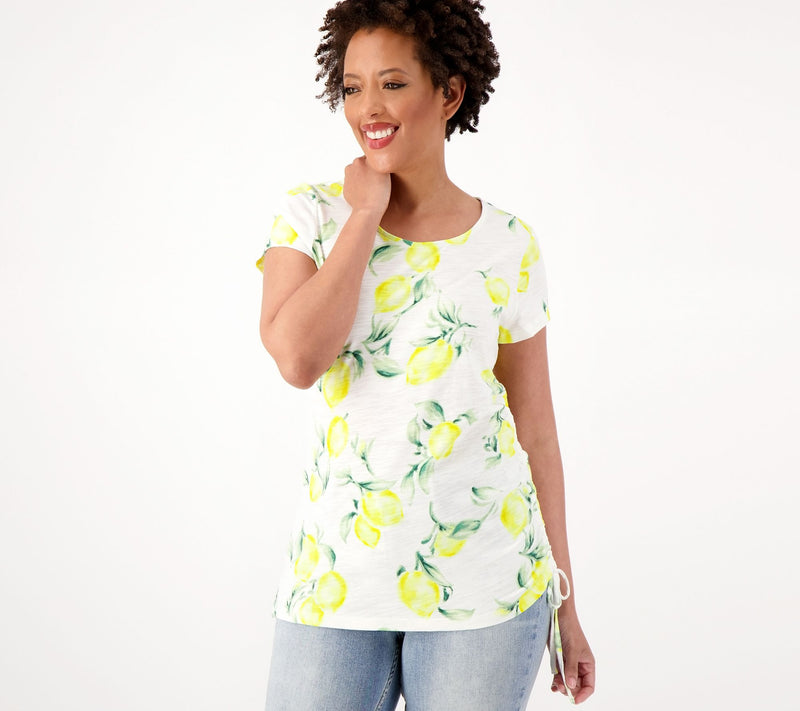 Belle by Kim Gravel Slub Knit Side Ruched Print Top — View 5
