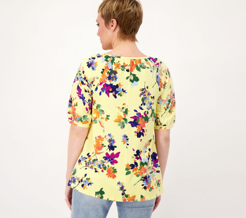 Denim & Co. Printed Favorite Jersey Split V-Neck Swing Top — View 13