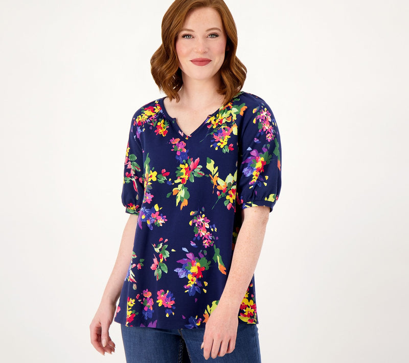 Denim & Co. Printed Favorite Jersey Split V-Neck Swing Top — View 5