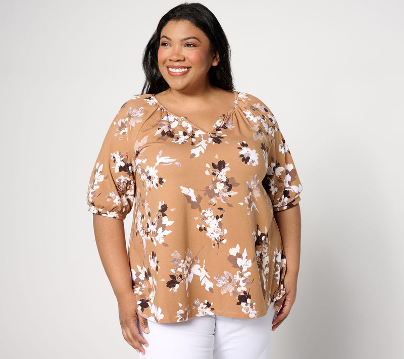 Denim & Co. Printed Favorite Jersey Split V-Neck Swing Top — Main view