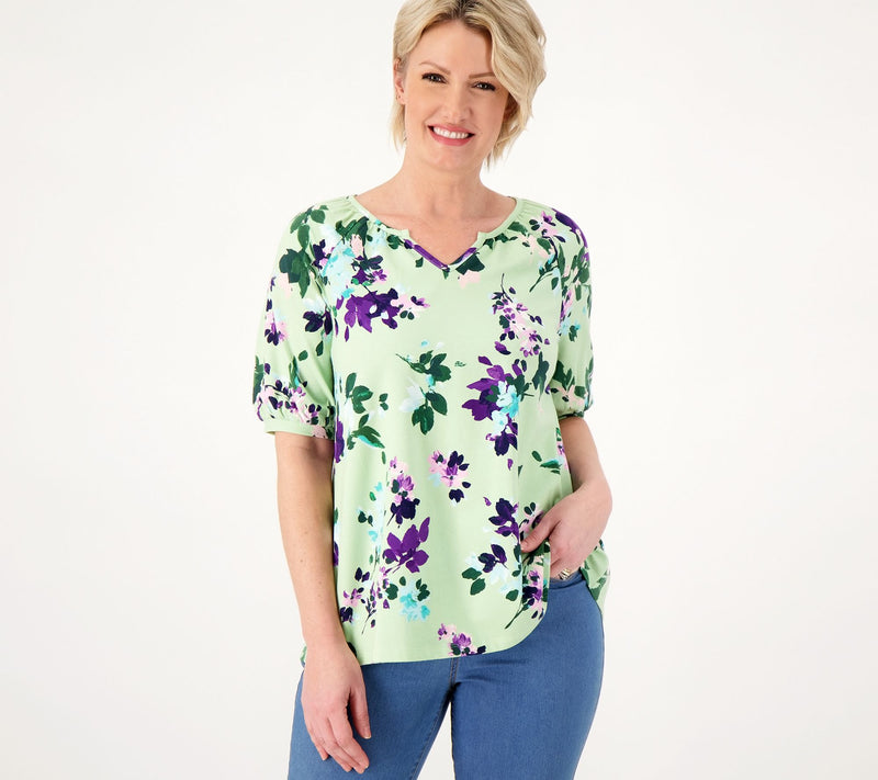 Denim & Co. Printed Favorite Jersey Split V-Neck Swing Top — View 7
