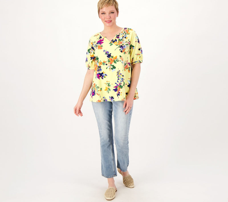 Denim & Co. Printed Favorite Jersey Split V-Neck Swing Top — View 14