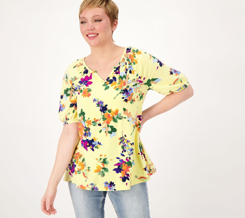 Denim & Co. Printed Favorite Jersey Split V-Neck Swing Top — View 3