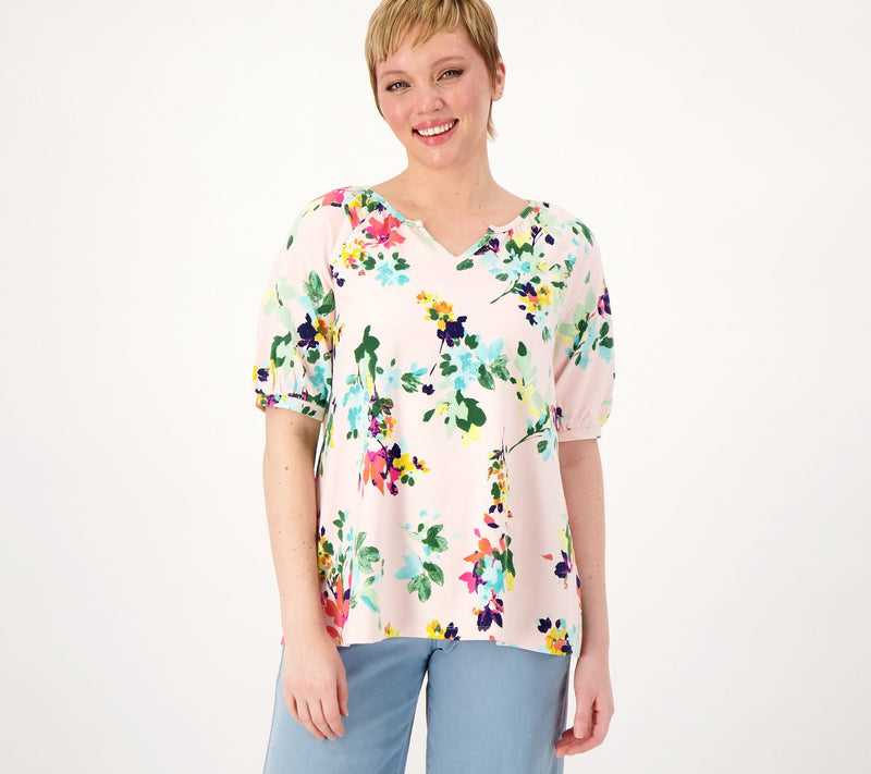 Denim & Co. Printed Favorite Jersey Split V-Neck Swing Top — View 12