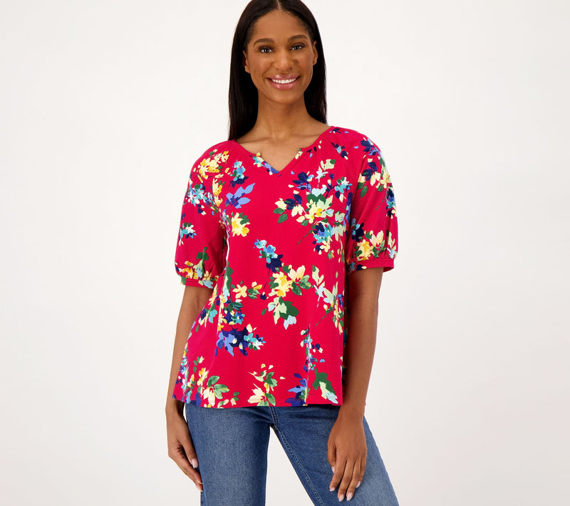 Denim & Co. Printed Favorite Jersey Split V-Neck Swing Top — View 9