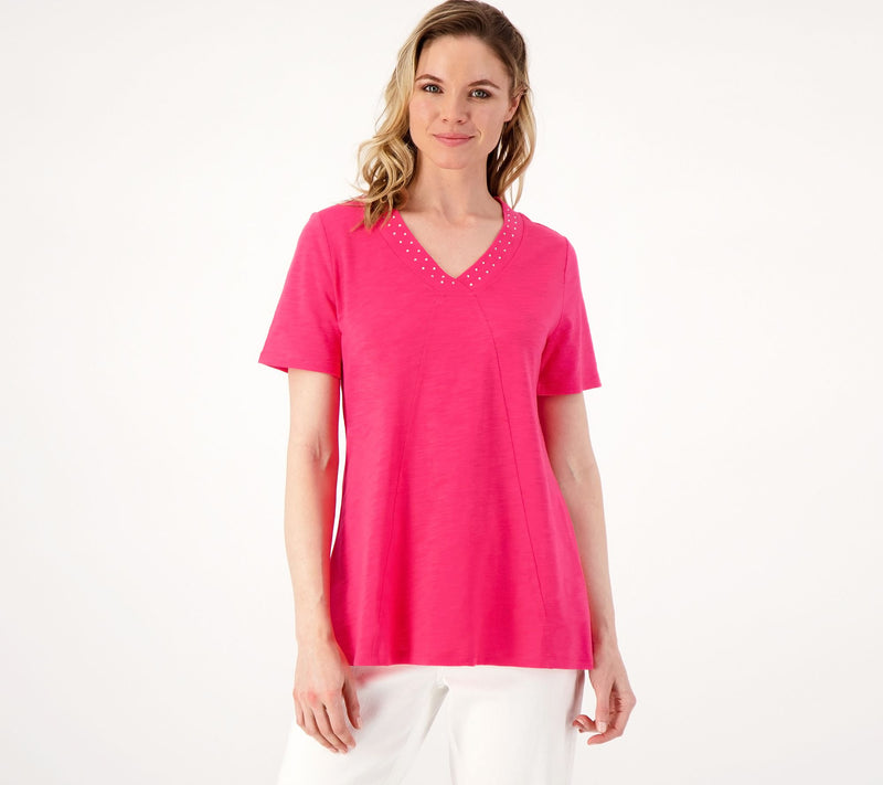 Quacker Factory Rhinestuds Embellished Short Sleeve Swing Top — View 2