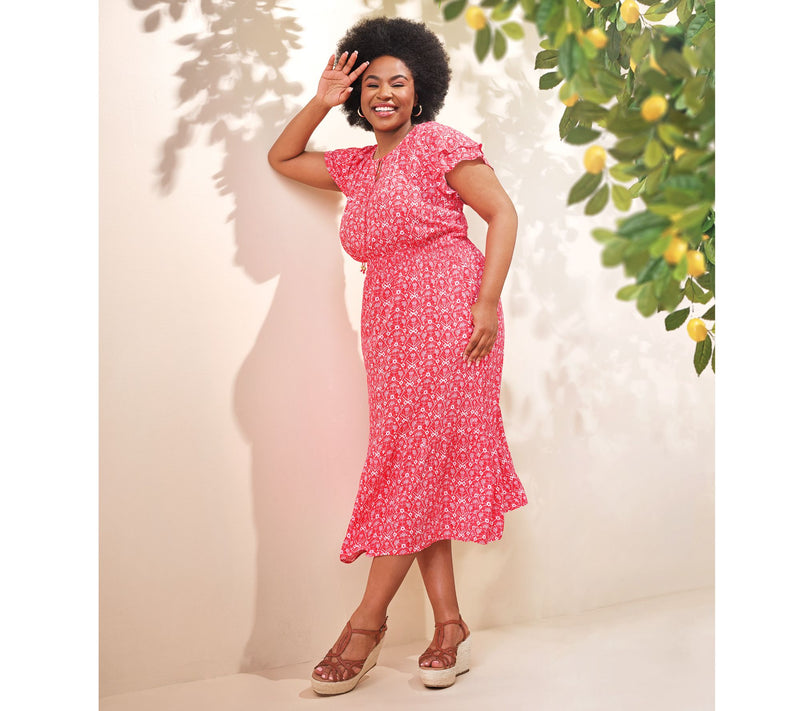Destination 365 Regular Printed Short-Sleeve Midi Dress with Smocking — View 17