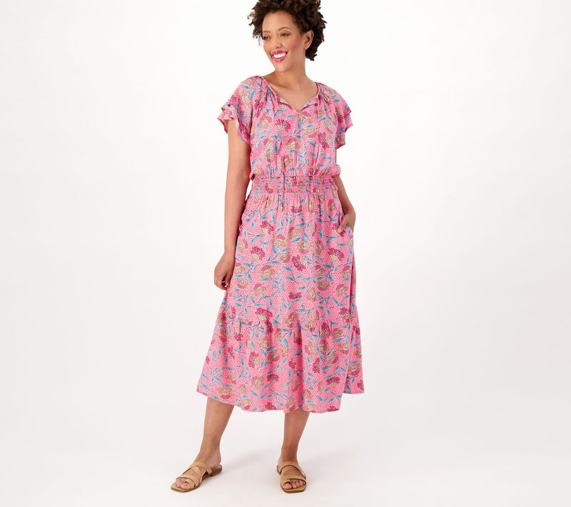 Destination 365 Regular Printed Short-Sleeve Midi Dress with Smocking — View 3