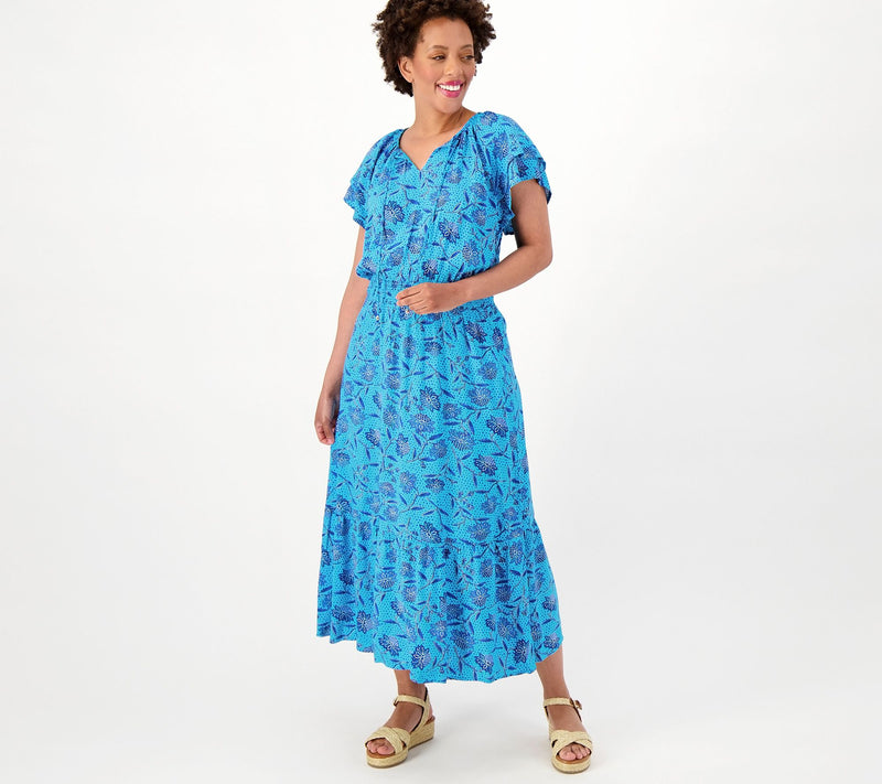 Destination 365 Regular Printed Short-Sleeve Midi Dress with Smocking — View 13