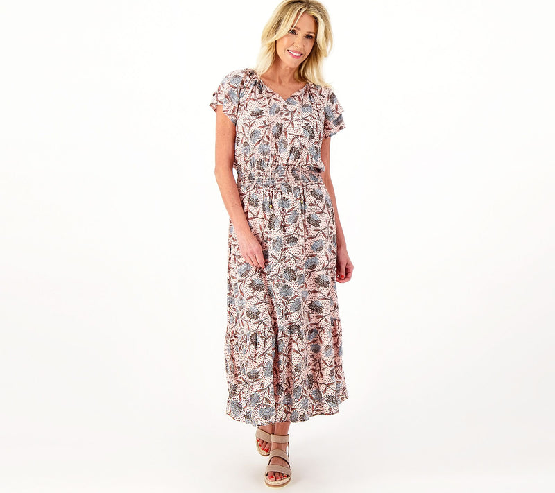 Destination 365 Regular Printed Short-Sleeve Midi Dress with Smocking — View 11