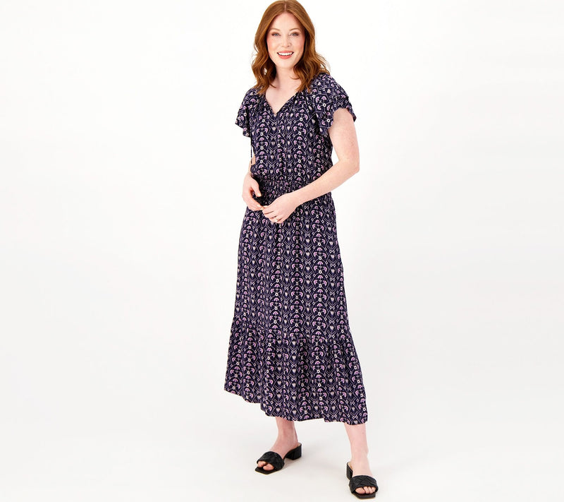 Destination 365 Regular Printed Short-Sleeve Midi Dress with Smocking — View 5