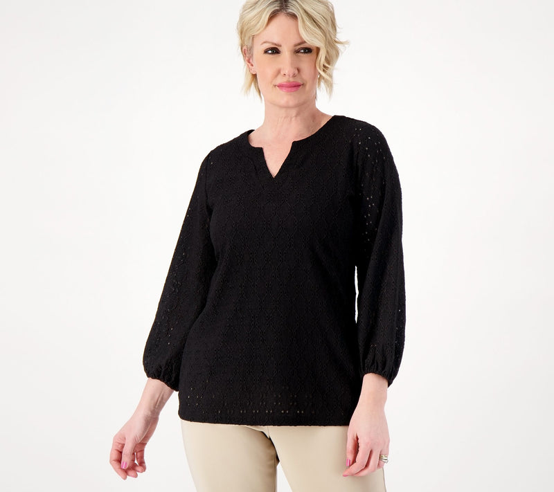 Susan Graver Passport Knit Eyelet 3/4 Sleeve Top — View 9