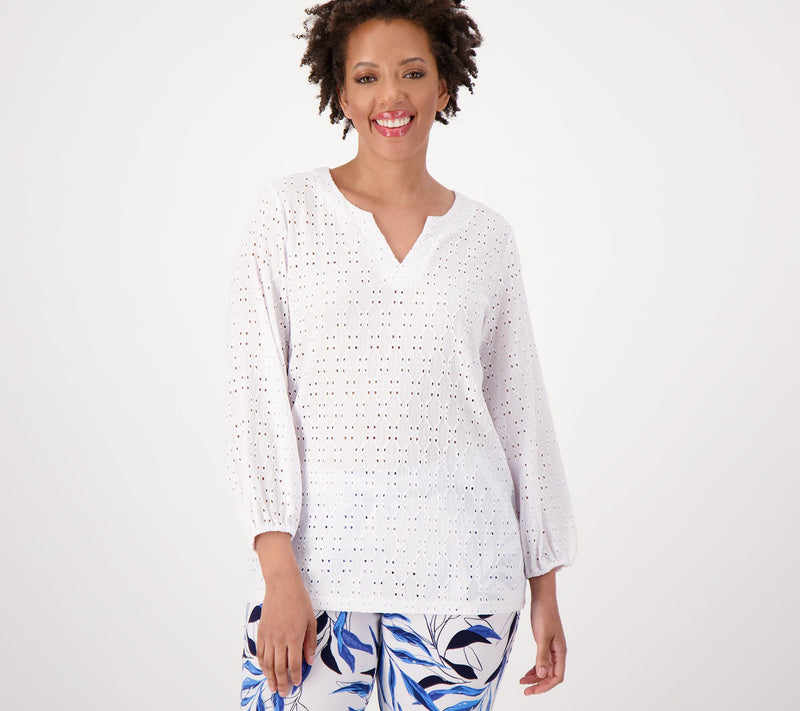 Susan Graver Passport Knit Eyelet 3/4 Sleeve Top — View 5