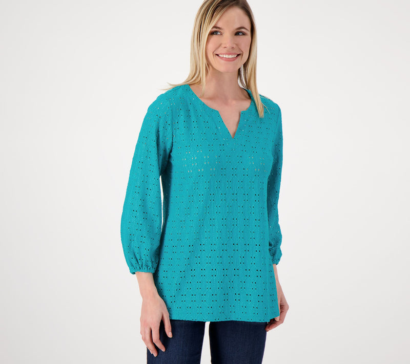 Susan Graver Passport Knit Eyelet 3/4 Sleeve Top — View 7