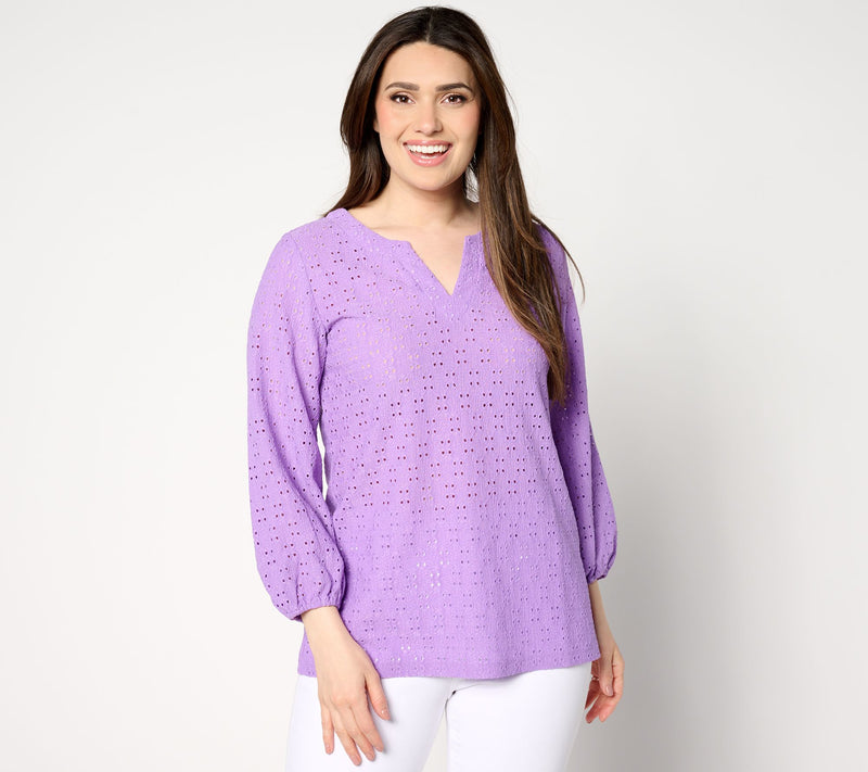 Susan Graver Passport Knit Eyelet 3/4 Sleeve Top — View 14