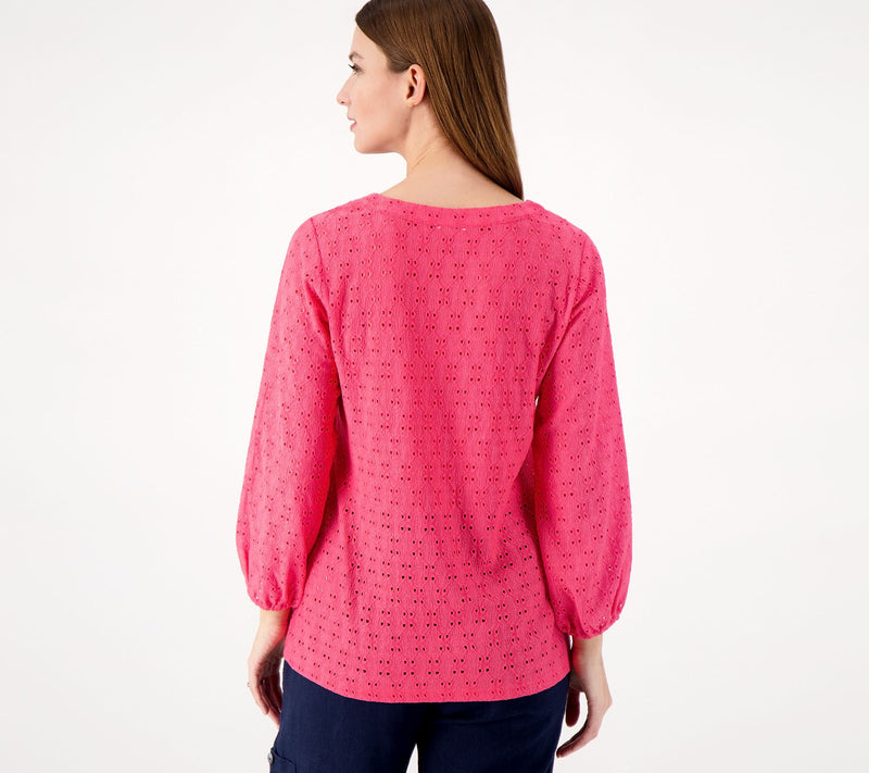 Susan Graver Passport Knit Eyelet 3/4 Sleeve Top — View 10